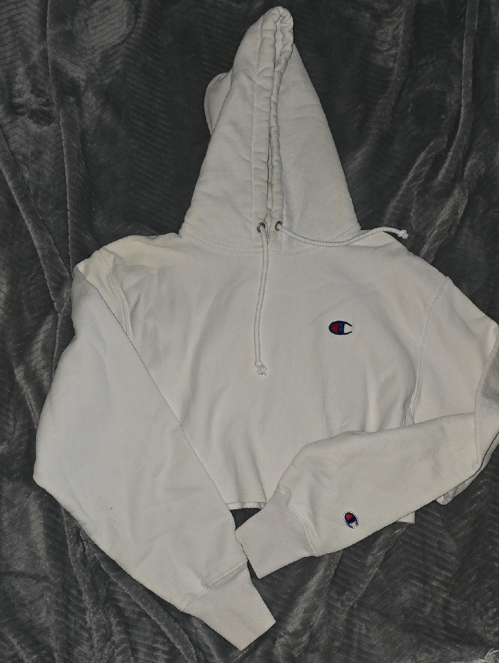 Champion White Hoodie with Blue Logo Tag